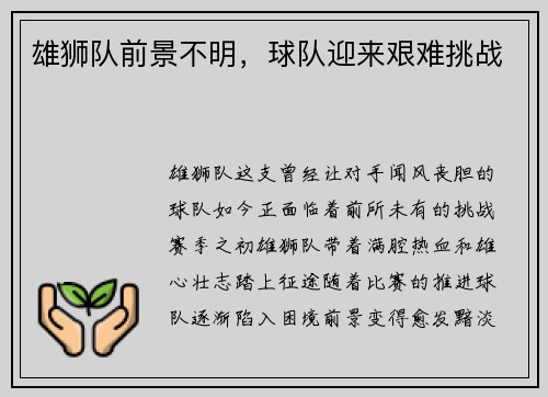 雄狮队前景不明，球队迎来艰难挑战